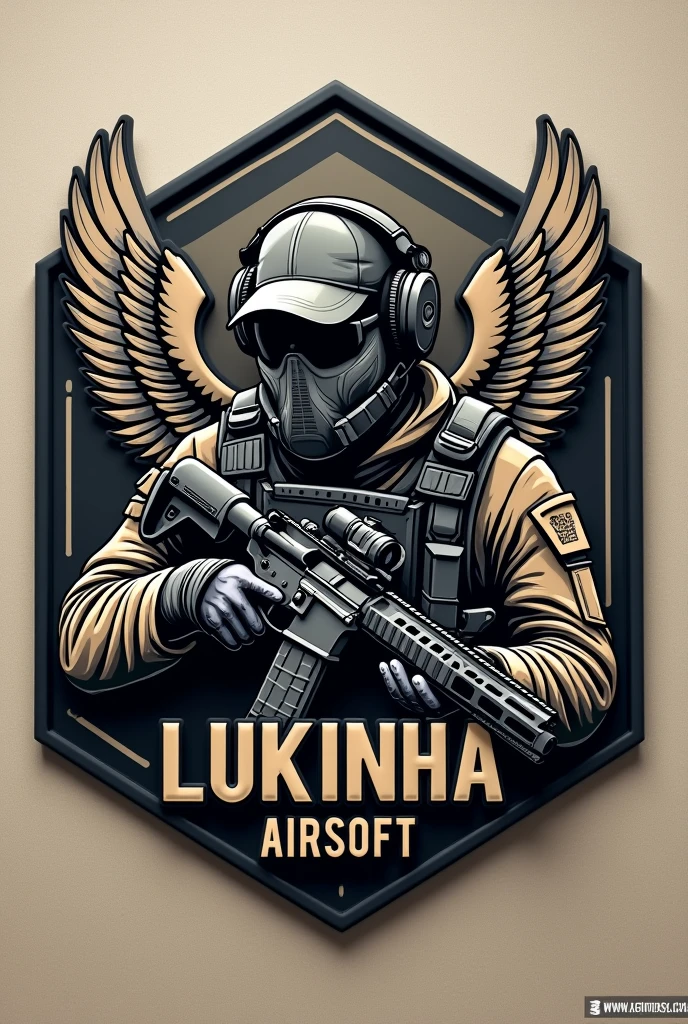 Create Hexagonal Rubber Patch Cliché Image, Military coat of arms, with the name Lukinha Airsoft and an operator carrying an m4 rifle wearing a cap and headphones