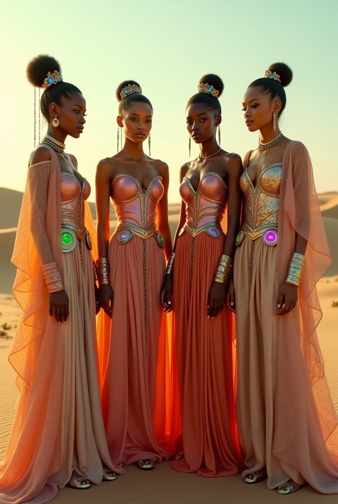 A photorealistic 4K cinematic image of four women standing together in a vast, surreal desert landscape, each dressed in elaborate, futuristic outfits inspired by the intricate designs and vibrant colors of the provided images. The scene captures a moment of unity and strength, blending high fashion with a touch of the surreal and otherworldly.

Each woman is adorned in a uniquely styled outfit that reflects a fusion of traditional and futuristic elements. Their outfits are rich in texture and color, featuring flowing fabrics, intricate patterns, and bold, sculptural accessories that give them an ethereal presence in the barren desert backdrop.

The first woman wears a flowing gown with vibrant, swirling patterns in shades of yellow and gold, her long, braided hair matching the hues of her dress. She holds a large, planetary orb that seems to glow with an inner light, symbolizing her connection to the celestial.

The second woman is dressed in a shimmering, mosaic-like outfit that glitters in the sunlight. Her gown is adorned with pieces of reflective glass and gems, creating a stained-glass effect that casts colorful reflections on the sand around her. A delicate, bejeweled hood covers her head, adding to the mystical aura.

The third woman’s outfit is a combination of metallic and iridescent fabrics, designed to catch the light and create a constantly shifting display of colors. Her sleeves are long and billowing, and her headpiece is adorned with delicate chains and crystals that sparkle in the sunlight.

The fourth woman wears a gown with intricate embroidery in pastel shades, combined with futuristic, translucent elements that float around her like a soft, ethereal mist. Her hair is styled in an elaborate updo, with strands woven through with glowing threads that pulse softly.

The background is a wide, open desert with soft, golden dunes stretching to the horizon. The lighting is warm and golden, enhancing the richness of the fabrics and the ethereal quality.