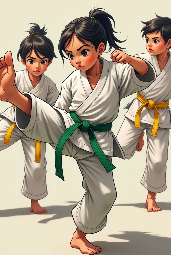Boys and girls of 12 years of karate green belts and yellow belts kicking