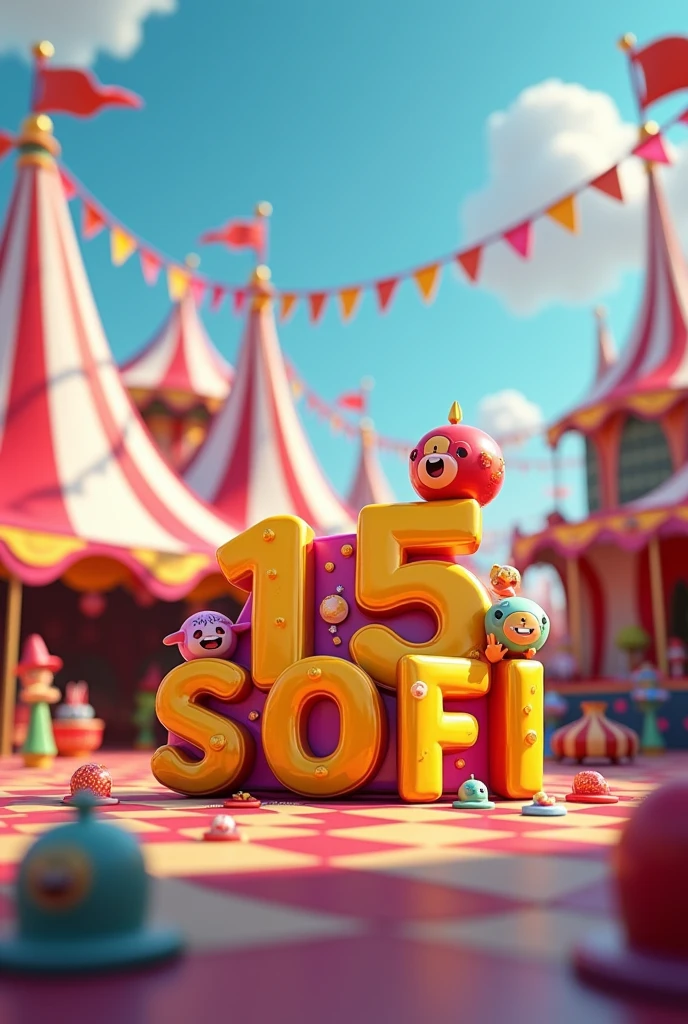 Create a 3D circus, and escribe en letras maandusculas "15" and "SOFI"