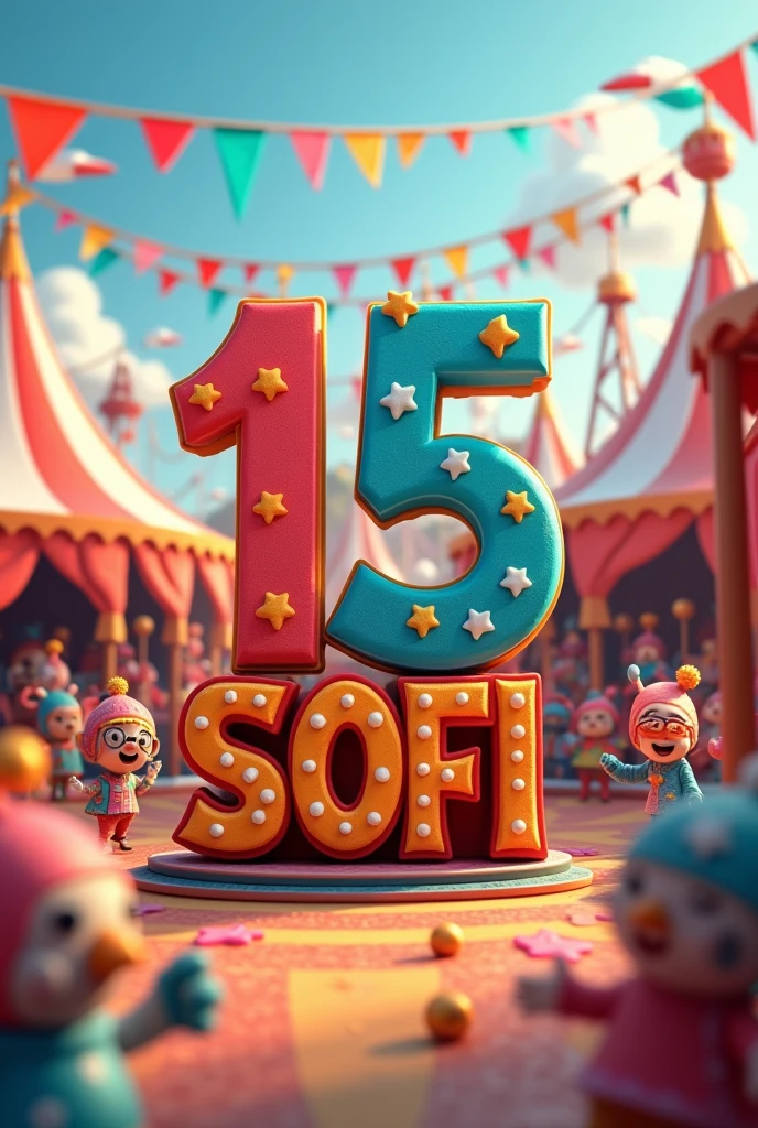 Create a 3D circus, and escribe en letras maandusculas "15" and "SOFI"
