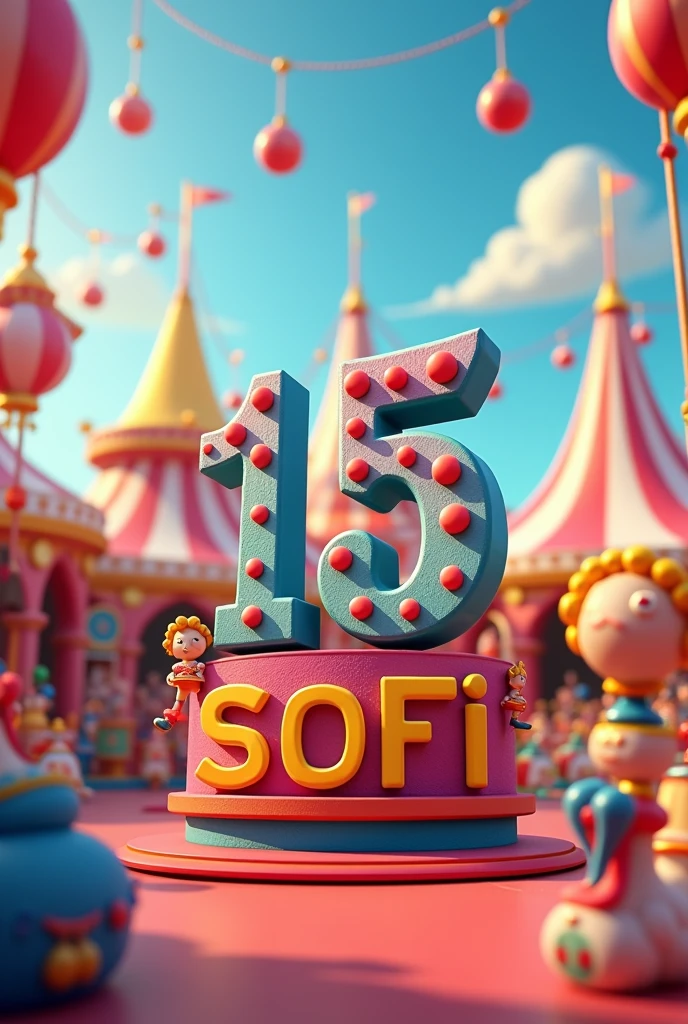 Create a 3D circus, and escribe en letras maandusculas "15" and "SOFI"