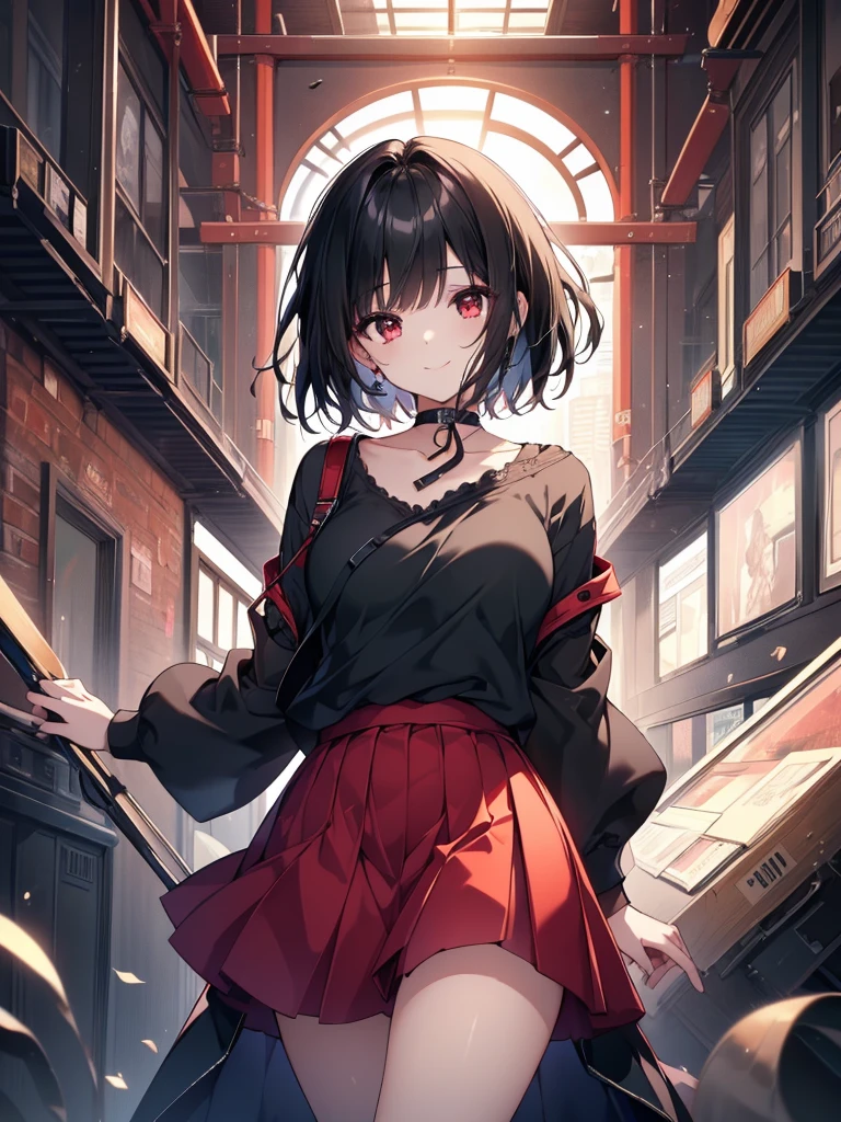 (masterpiece, highest quality, highest quality, (No text), Beautiful and aesthetic:1.2),No text,アニメ、BREAK,One Girl,Black Hair Girl adult short hair older sister choker Beautiful eyes Red eyes cool smile Black and Red skirt Black jacket whole body In town