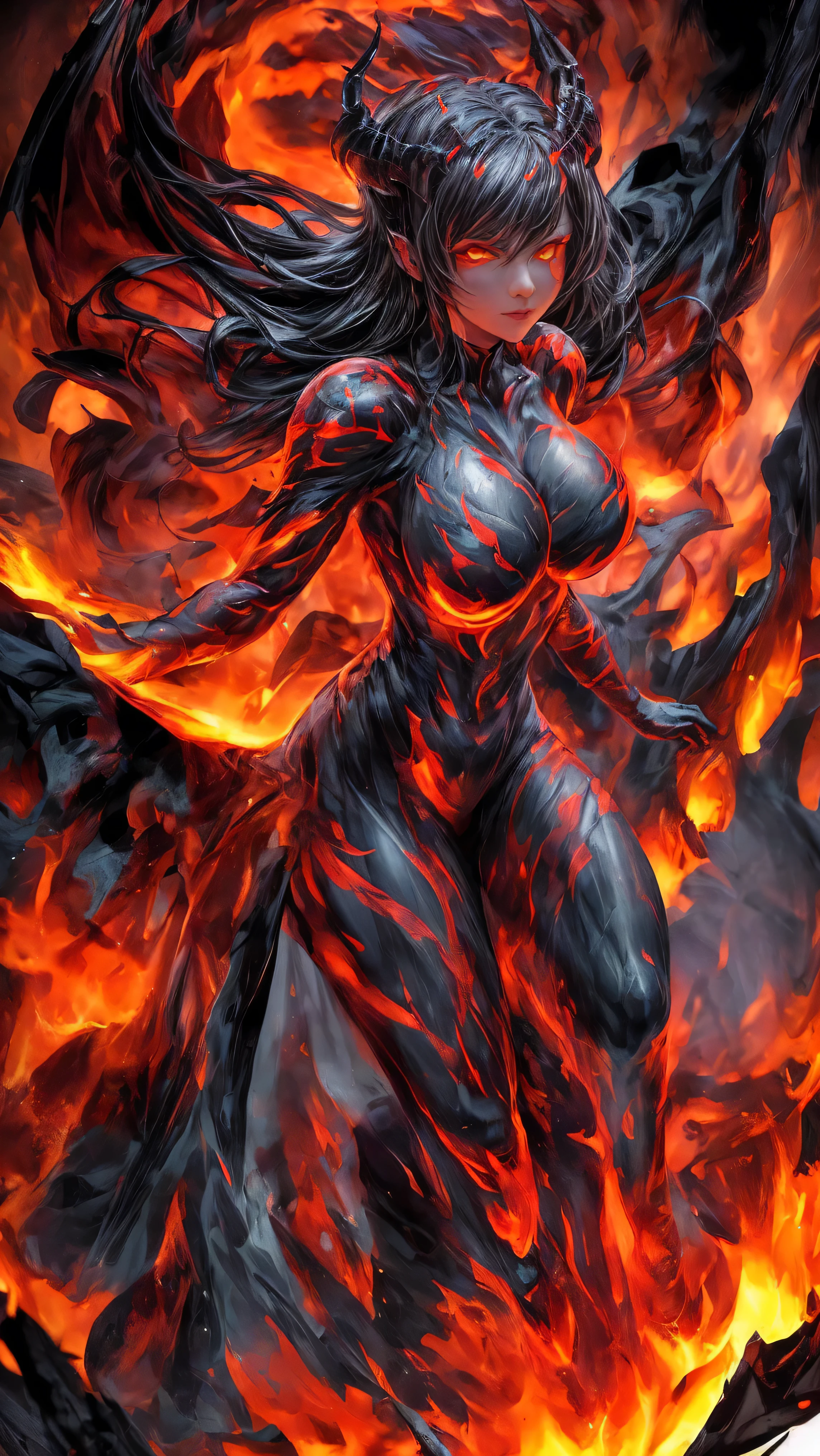 Storyboard, masterpiece, highest quality, dragonlady queen, perfect demoness, bright red glowing eyes, detailed eyes (1.4), scars on face, villainous expression, flaming skin body with bioluminescent glowing pattern, ready for battle, blurred stormy background, dark atmosphere, lighting in background,full body, fisheye lens 