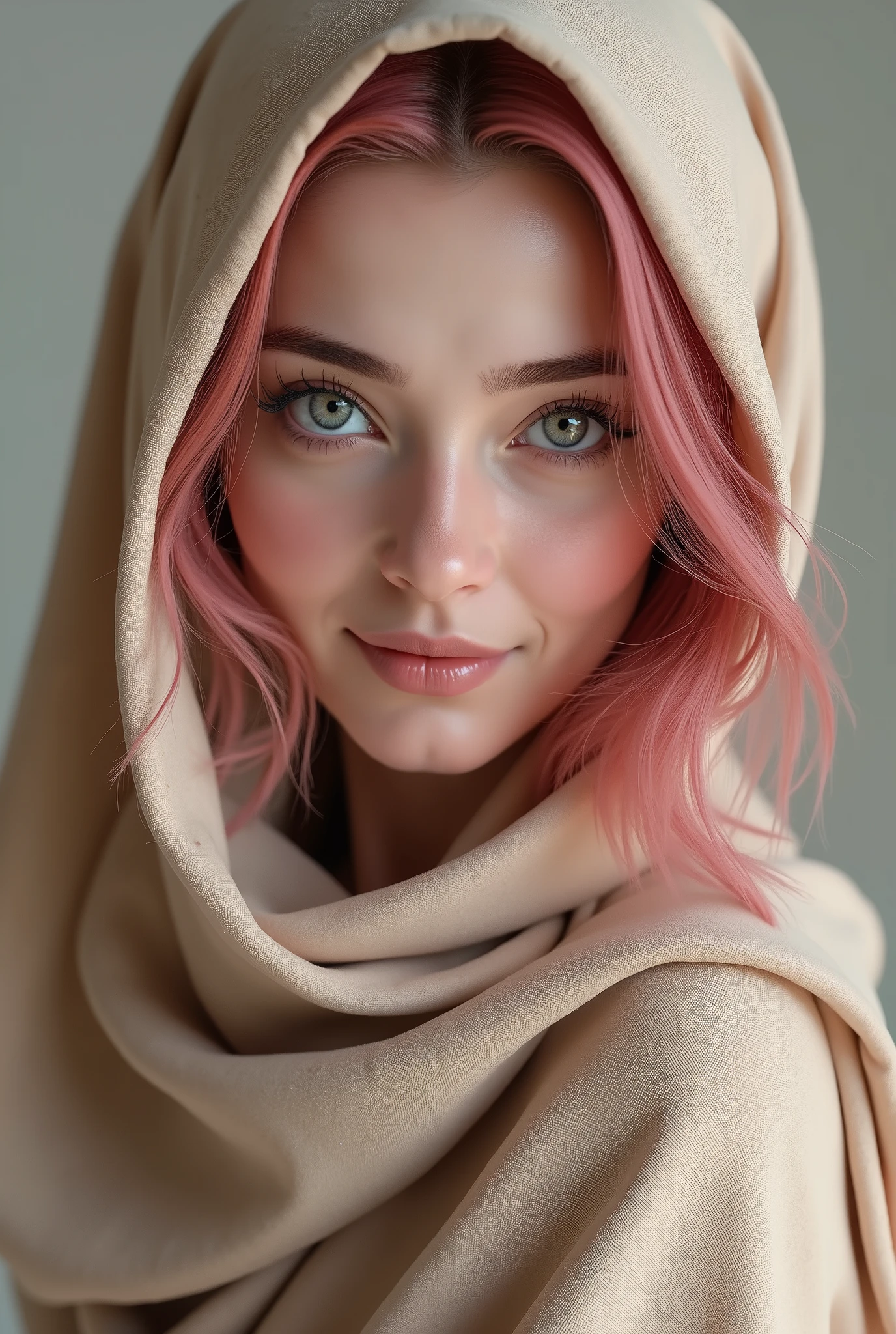 Beige abaya white eyes dark pink hair smile realistic 8k