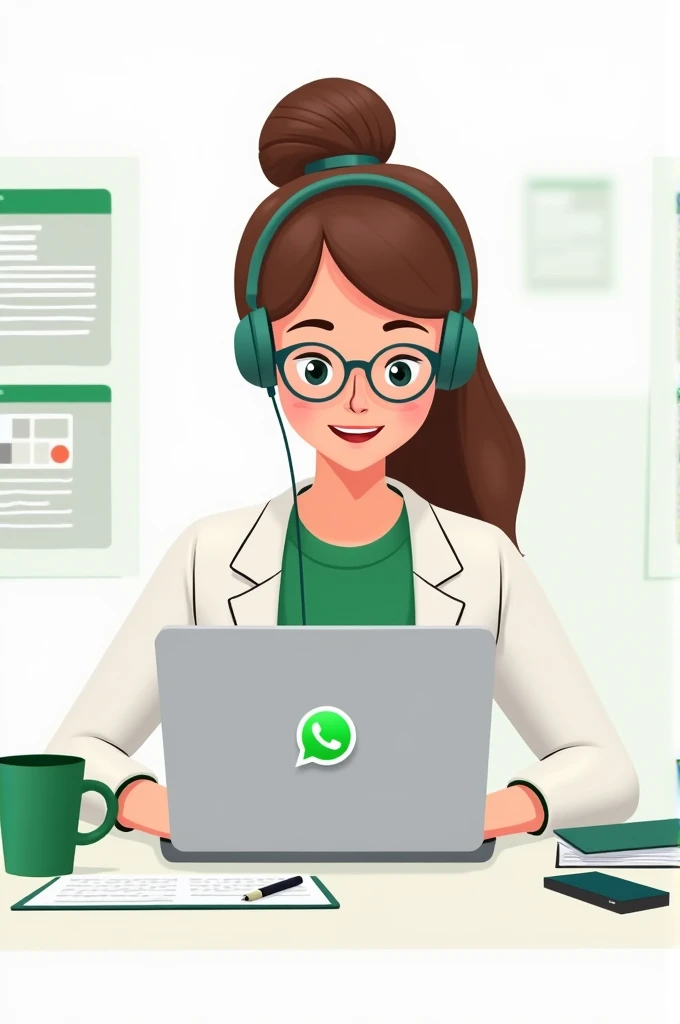 The image shows a young woman sitting at a desk with a laptop in front of her. She is wearing a white blazer, a green shirt, and glasses. She has long brown hair tied up in a bun and is wearing headphones. The laptop is silver and has the WhatsApp logo on the screen. On the desk, there is a green mug with pencils, a stack of papers, and a phone. The background is white and there are various icons and text on the left side of the image. The overall theme of the illustration is modern and professional.