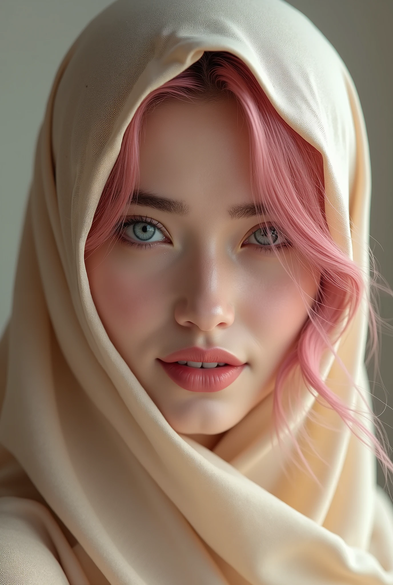 Beige abaya white eyes dark pink hair smile realistic 8k