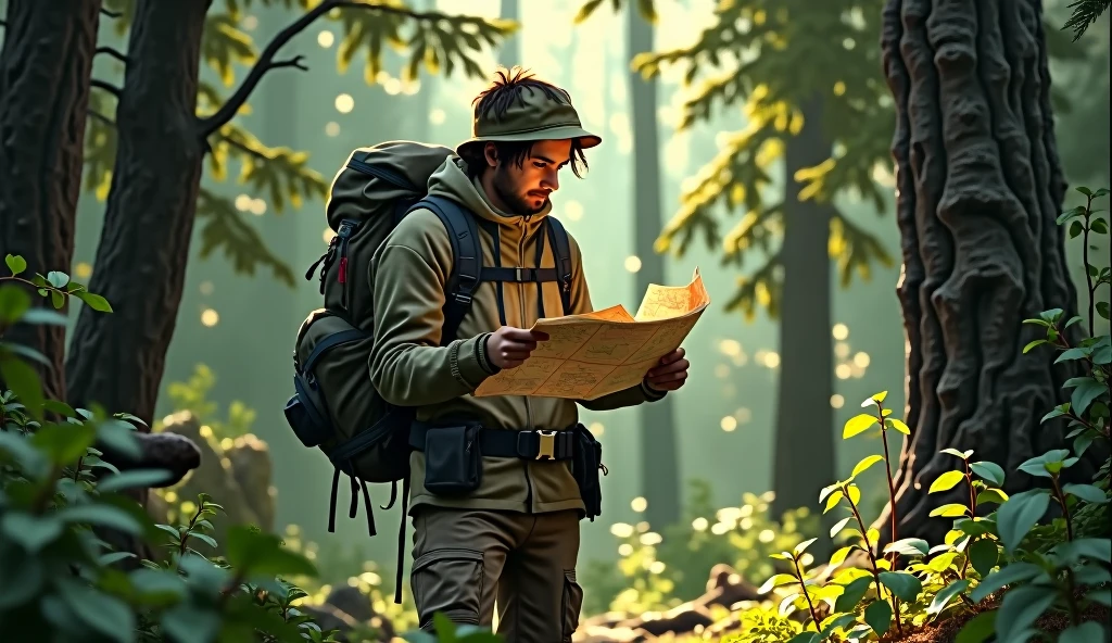 a person orienting himself with a map and a compass in the middle of the forest