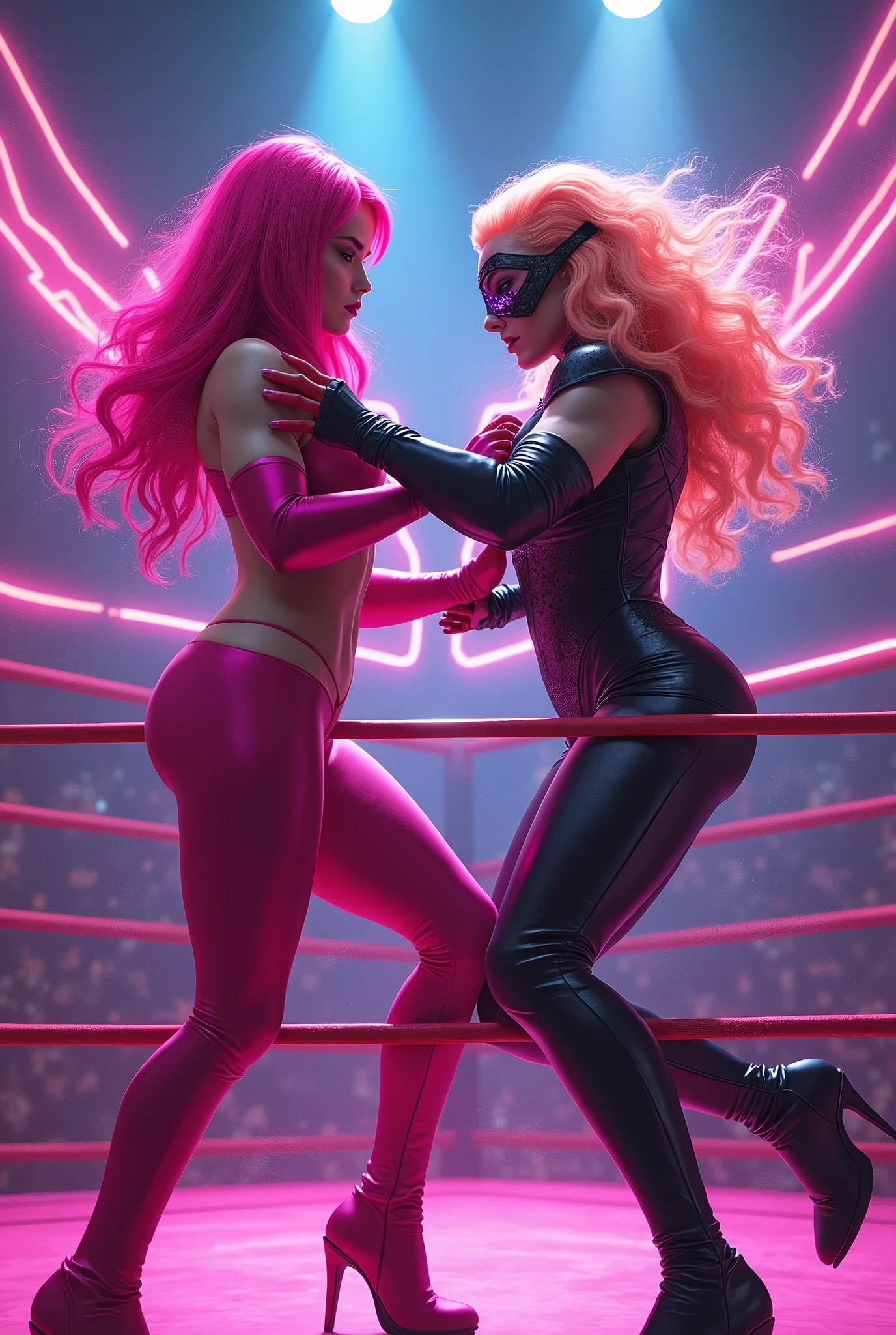 2 women i a wrestling ring.  1 woman Neon Vixen * Appearance: All-pink attire, straight, shoulder legnth, pink hair, big breasts, sleek and sophisticated appearance. * Character: Confident, ambitious, and a skilled businesswoman. * Abilities: Enhanced strength and agility. Can emit neon energy blasts. 1 woman The Quantum Queen * Appearance: Iridescent hair that changes color, futuristic bodysuit, holographic mask. * Character: Mysterious, enigmatic, and incredibly powerful. * Abilities: Can manipulate quantum energy, control elements, and manipulate time. Neon vixen Knicks the quantum queen to the ground 