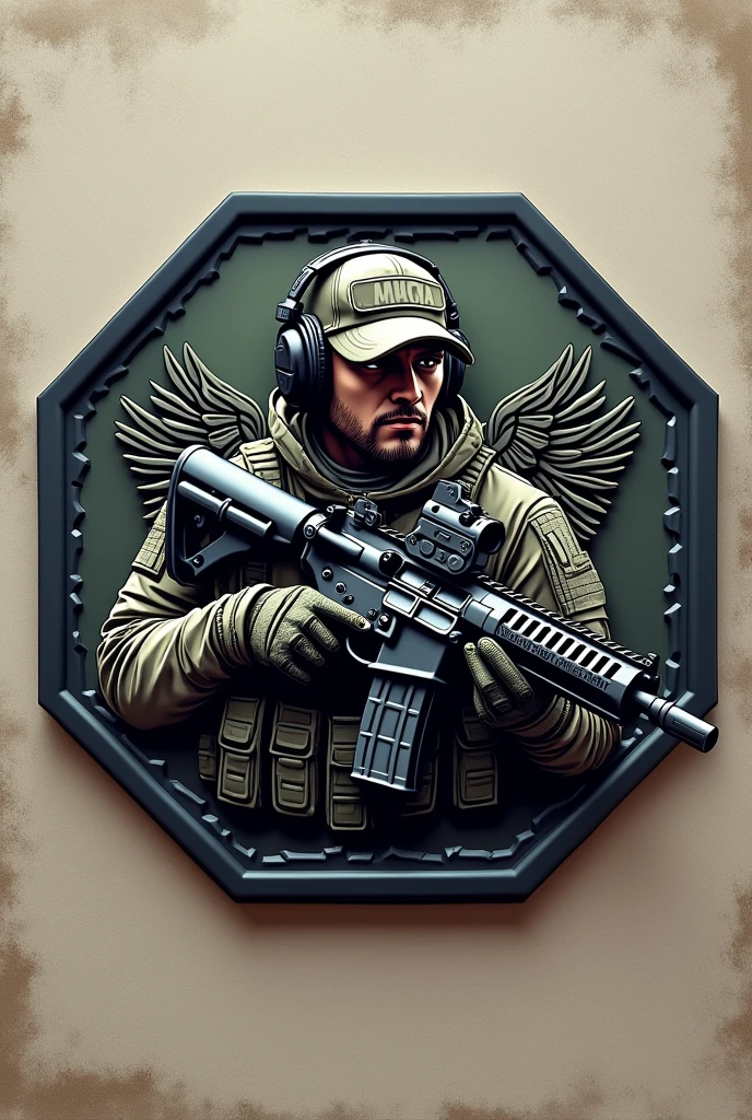Create Hexagonal Rubber Patch Cliché Image, Military coat of arms, with the name Lukinha Airsoft and an operator carrying an m4 rifle wearing a cap and headphones