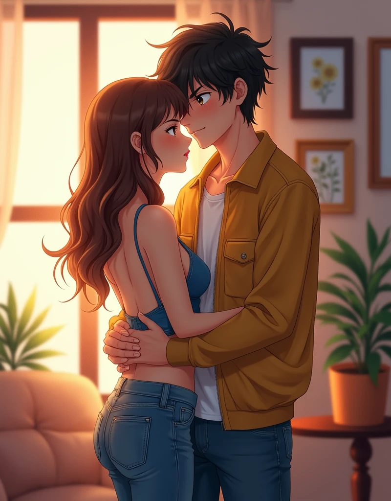 Create a anime style landscape image. Digital illustration featuring a young couple in a close embrace. The woman has long, wavy brown hair and fair skin, wearing a backless denim top and jeans. She has delicate facial features with large eyes and a soft expression. The man has tousled dark hair and fair skin, wearing a mustard yellow jacket over a white shirt and jeans. He has sharp facial features and a serious expression. They are standing in a room with a window on the left, allowing natural light to illuminate the scene. The background includes various framed pictures and a potted plant on a table, adding to the cozy and intimate atmosphere.