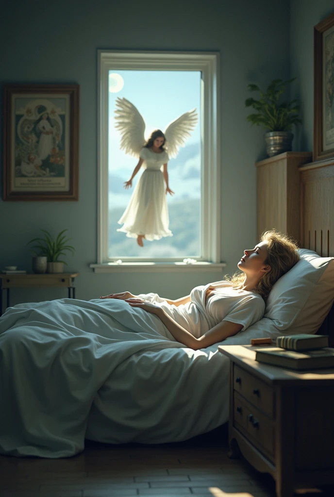 A digital artwork depicting Mary of Nazareth sleeping in a serene and peaceful environment, while receiving a visit from an angel in your dreams. The setting is a simple room, softly lit by the moonlight coming through the window. Mary is lying on a humble bed, with a calm and serene expression. The angel appears beside her, Radiant and ethereal, with shining wings and a heavenly presence. The environment is filled with a sense of calm and spirituality, with soft colors and delicate details that emphasize the purity and peace of the moment