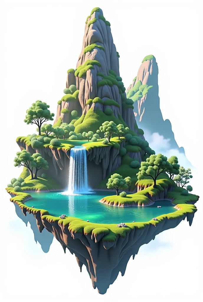 flying mountain grass tree lake waterfall white background no bottom