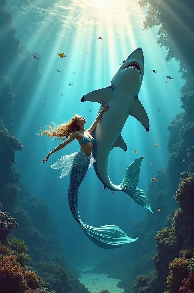 A mermaid swimming with a shark
