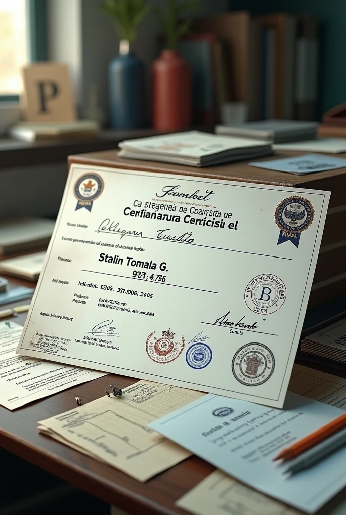 Hello, I would like to generate a certificate in which you have my personal information, which is my name Stalin Tomala G, ID number 09 21 44 9***
And certify that I work for the company called ecuabet I would like the background to be a messy desk That everything is written in Spanish As realistic as possible the image