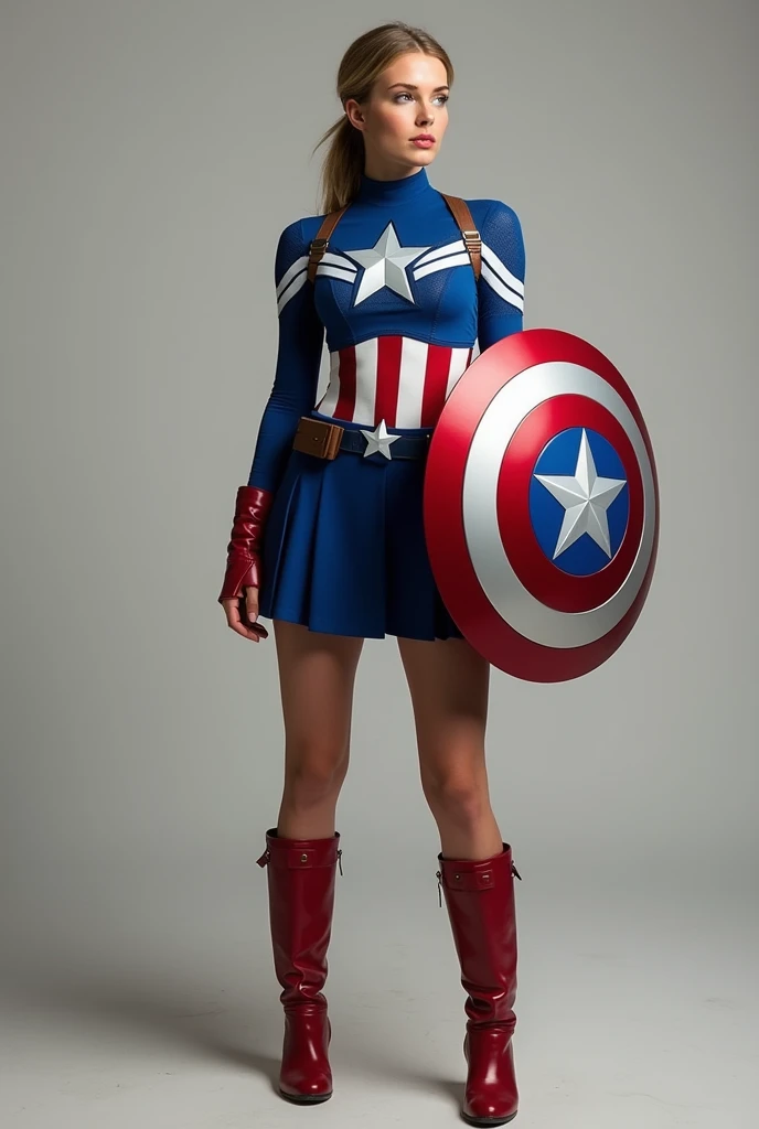 ((Full body photo, standing, feet on the floor)) Captain America female version wears a blue bodysuit with white and red accents, a matching blue skirt, a white star emblem on her chest, and red boots. She holds a circular shield with the iconic star and stripes. Her hair is tied back in a practical yet stylish manner, and she stands with the shield raised, ready to defend