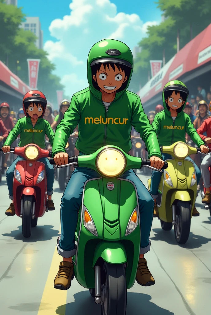 Zoro rides a step through Honda moped, Zoro brings his friends who are in one piece, all of them are wearing green motorbike jackets, the word MELUNCUR is written on the front of the Adidas style jacket, wearing long jeans, and wearing motorbike shoes, all his friends look excited all of them, they also ride in large numbers to motorbike events