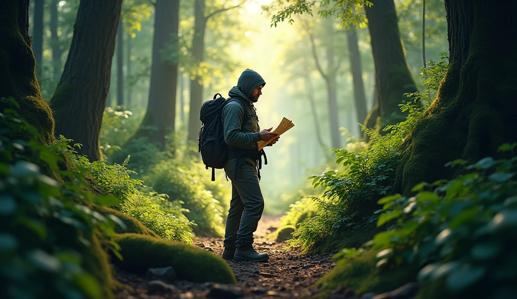 a person orienting himself with a map and a compass in the middle of the forest
