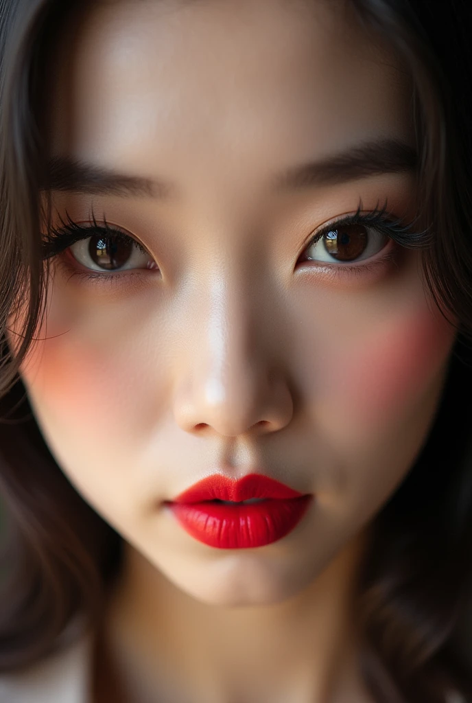 Forme : En amande, légèrement bridés, typiques des traits asiatiques.
Couleur : Brun foncé, presque noirs.
Maquillage : Eye-liner fin et précis qui allonge le regard vers les tempes. Les cils semblent être naturellement longs ou rehaussés par du mascara.
Regard : Intense et direct vers l'objectif, avec une expression à la fois sérieuse et séduisante.
Sourcils :
Fins et bien dessinés, avec une légère courbe naturelle.
Ils semblent être soigneusement épilés et peut-être légèrement maquillés pour accentuer leur définition.
Nez :
Petit et droit, avec un bout légèrement arrondi.
Il s'harmonise parfaitement avec les autres traits du visage.
Lèvres :
Bien dessinées, avec une forme en arc de Cupidon prononcée sur la lèvre supérieure.
Taille moyenne, ni trop fines ni trop pulpeuses.
Maquillées d'un rouge vif qui attire l'attention.
Peau :
Claire et lisse, semblant presque parfaite.
Un léger éclat sur les pommettes suggère l'utilisation d'un illuminateur ou d'un blush très discret.
Front :
Lisse et dégagé, partiellement visible à travers sa chevelure.
Joues :
Légèrement creusées, soulignant la structure osseuse de son visage.
L'ensemble de ses traits crée un visage harmonieux et attrayant, typique des standards de beauté asiatiques contemporains.