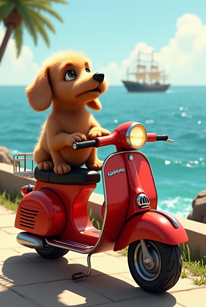 A furry dachshund dog on top of a red motorbike and its owner, a chubby middle-aged man, standing next to it, admiring a ship on the horizon 