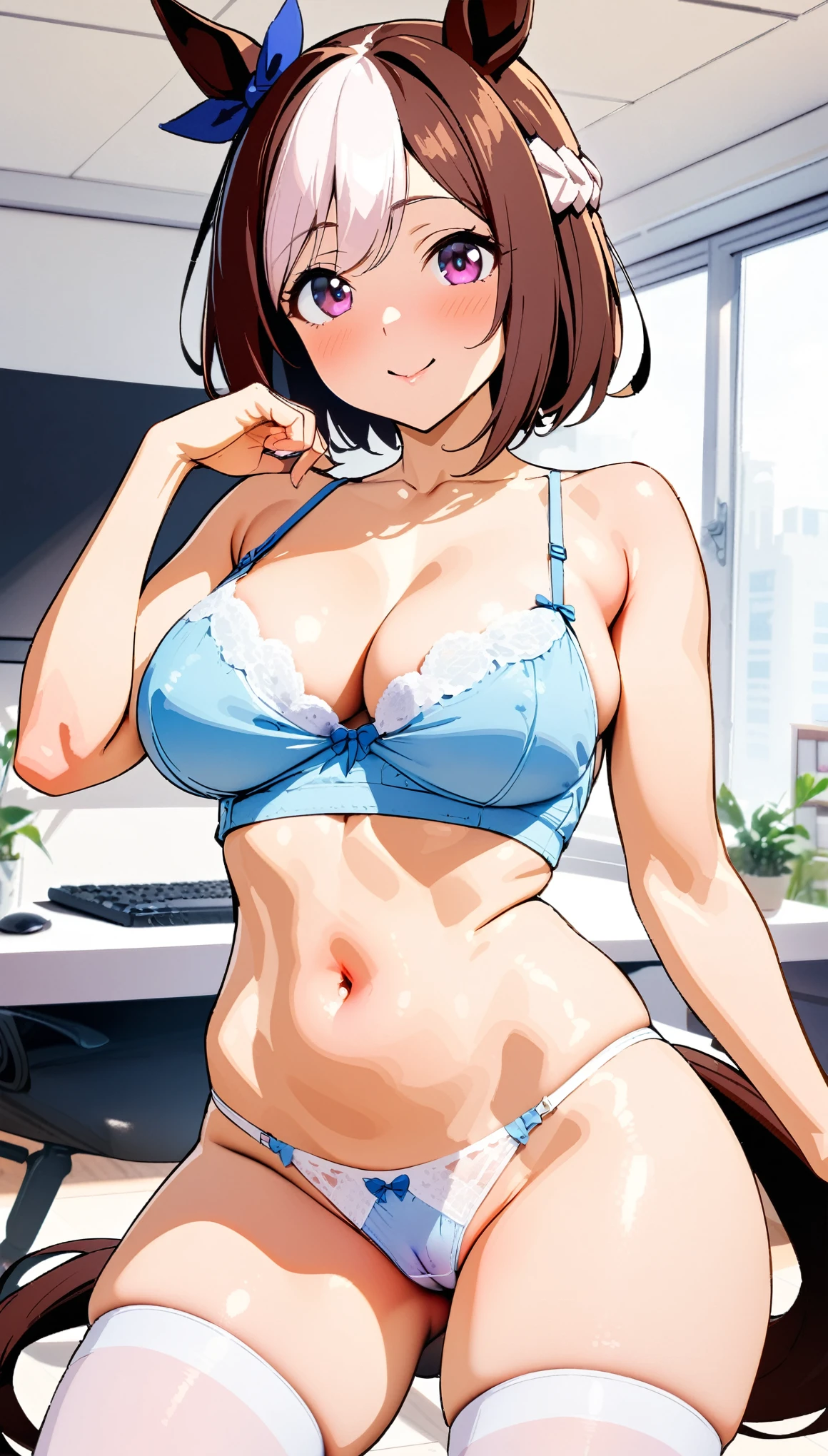 [[One person, A special week \(umamusume\), umamusume]], Beautiful attention to detail, Close one eye, ((indoor, office, living room),  Curvy, thin, Center of chest, Normal chest, (Thigh-high socks), (Cleavage) , (Sexy pose), (Seductive pose), (Crop Top Belly Button), ((panties), (good), (In underwear), (lingerie))), (Close-up shot), Slender body,Dynamic Angle, Highest quality, Very detailed, masterpiece, Ultra-high resolution, 8k, Nipples, ((Horse tail)), Camel Toe, smile, Small Ass