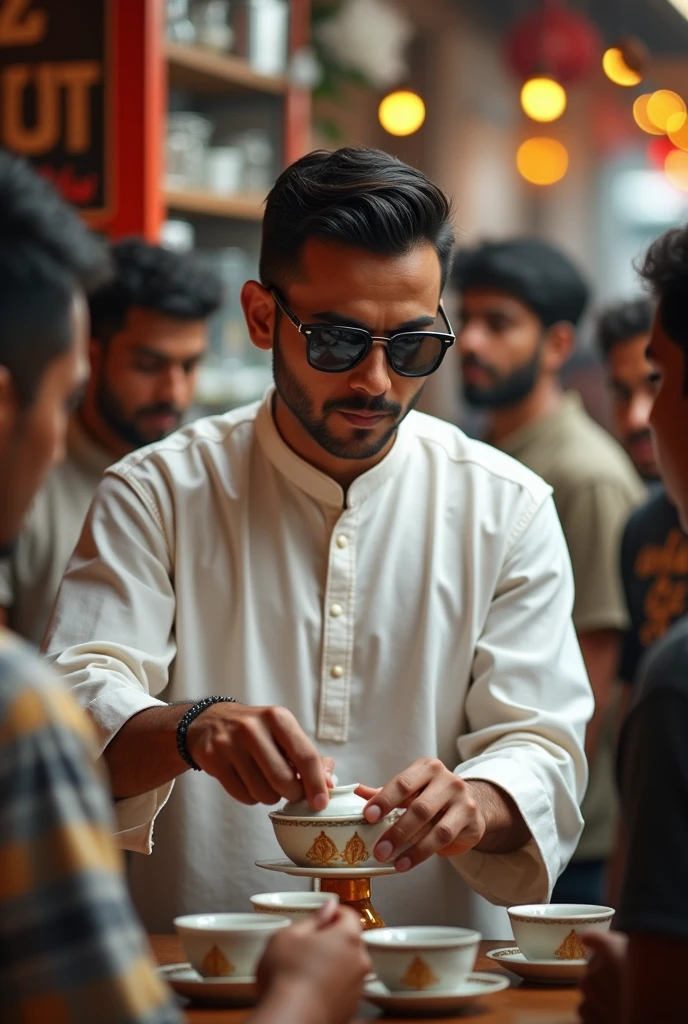 Bangali tea shop where the shop owner is making tea he is wearing a white kurta panjabi and The man has closely cropped, slicked-back dark hair, a thin mustache, small sharp features, and is wearing rectangular, dark-tinted sunglasses. He has a confident expression with a slight smirk and the customers are gen z