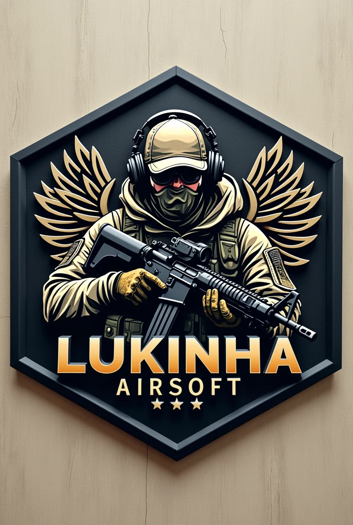 Create Hexagonal Rubber Patch Cliché Image, Military coat of arms, with the name Lukinha Airsoft and an operator carrying an m4 rifle wearing a cap and headphones