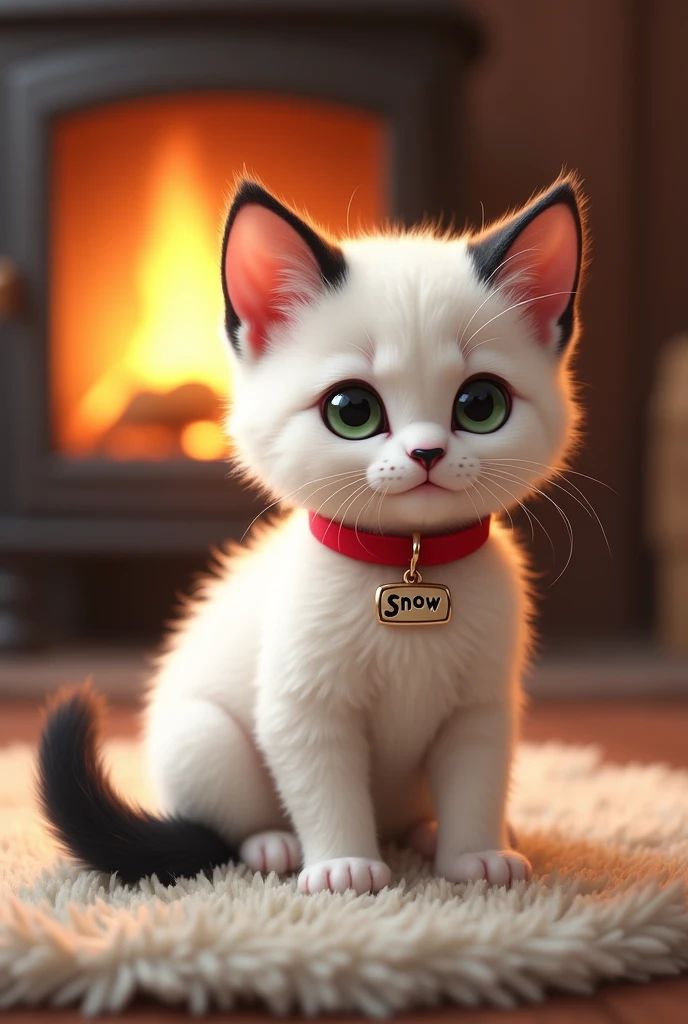 A cute and furry white kitten with a black tail with a black spot on its back and black markings after its ears and a black muzzle with light green eyes with a red collar with a pendant saying "Snow" what is the name of the cat sitting on a rug with a fireplace behind it