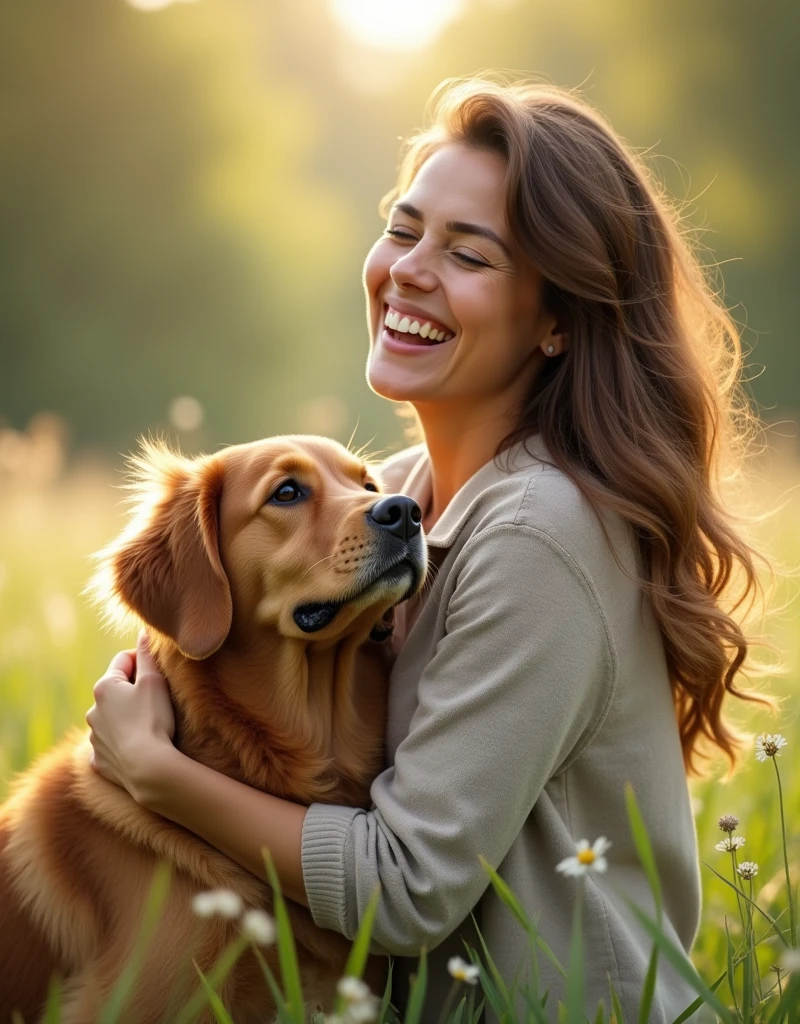 Create a photo of a happy woman next to a dog