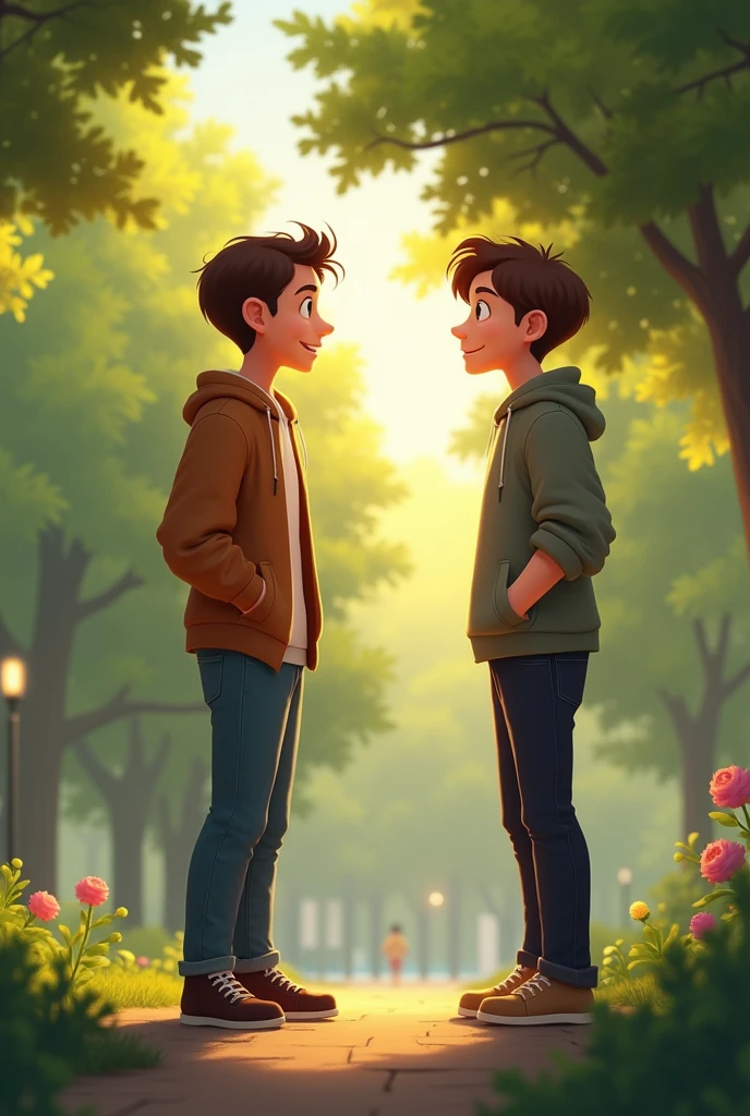 The initial discomfort began to fade as they realized how similar they were. Jack admired Alex’s quick wit, while Alex appreciated Jack’s thoughtful nature. By the end of the day, their rivalry seemed like a distant memory. In a park 
