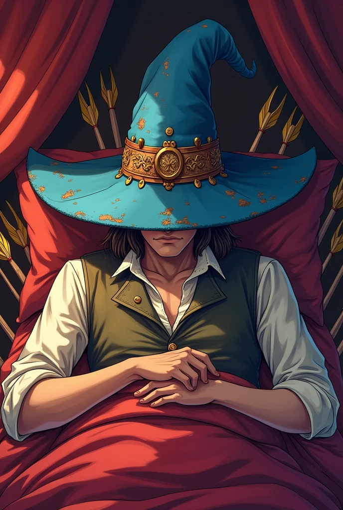 tibia game (work of art),(best qualityer:1.0), (ultra high resolution:1.0), detailed illustration, 8k, アニメ, work of art, wearing a big blue hat on his rusty head , sleeping, bed-in , red lo , detailed hat, best qualityer,(wanderer:1.2), red lo, bed-in, (impacto genshin), 1 , male focus, standing alone, Vest,(kbxl:0.5), estilo アニメ, vibrant archer, sleeping, many arrows , I am deified, boss, boss in the final fight