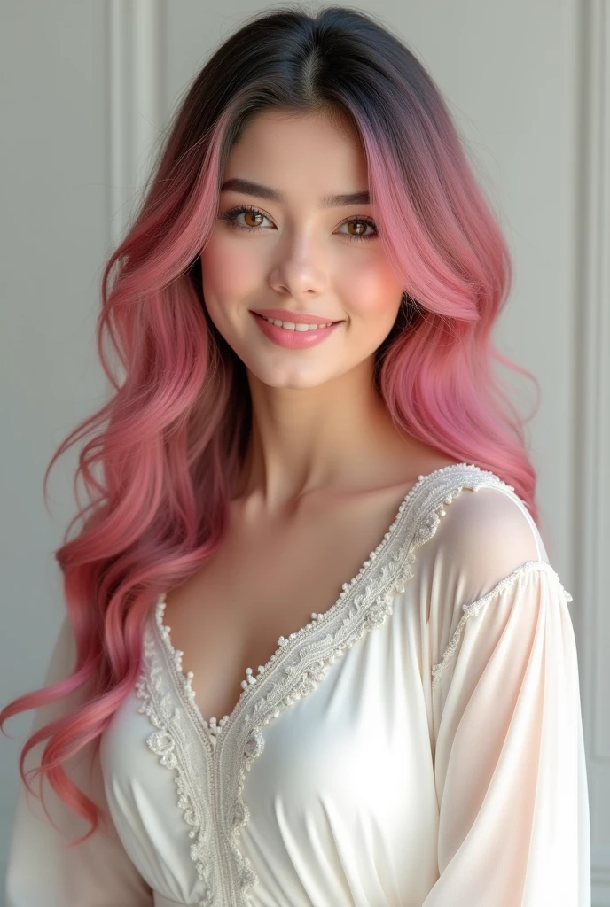 Pakistani drees white eyes dark pink hair smile realistic 8k
