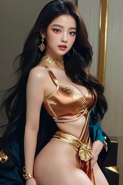 una imagen de dibujos animados de una mujer con cabello largo y negro y un vestido and golden eyes, Pocahontas, personaje de disney, princesa jazmín, Arte Disney style, hermosa retrato de princesa azteca, mujer hermosa, hermosa princesa femenina, , jisoo from blackpink, popular south korean makeup, quality detailed ,(beautiful makeup :1.2), Wide hips, big, big ass, (best quality, 8K, masterpiece: 1.3), Clear focus: 1.2, Perfect body beauty: 1.4, strong abs, Very detailed face and skin texture. , detailed eyes, double eyelids, (long hair), having very marked curves, with greater volume in ((hips and breasts)), which makes the waist look much smaller ((wasp waist