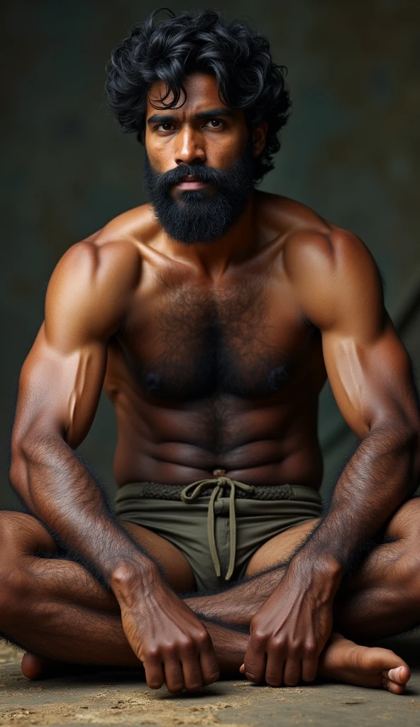 Hairy Male, yound indian, naked, sitting on the floor, very hairy legs, hairy chest, very hairy amrpits, big hairy feet, errected hairy penis