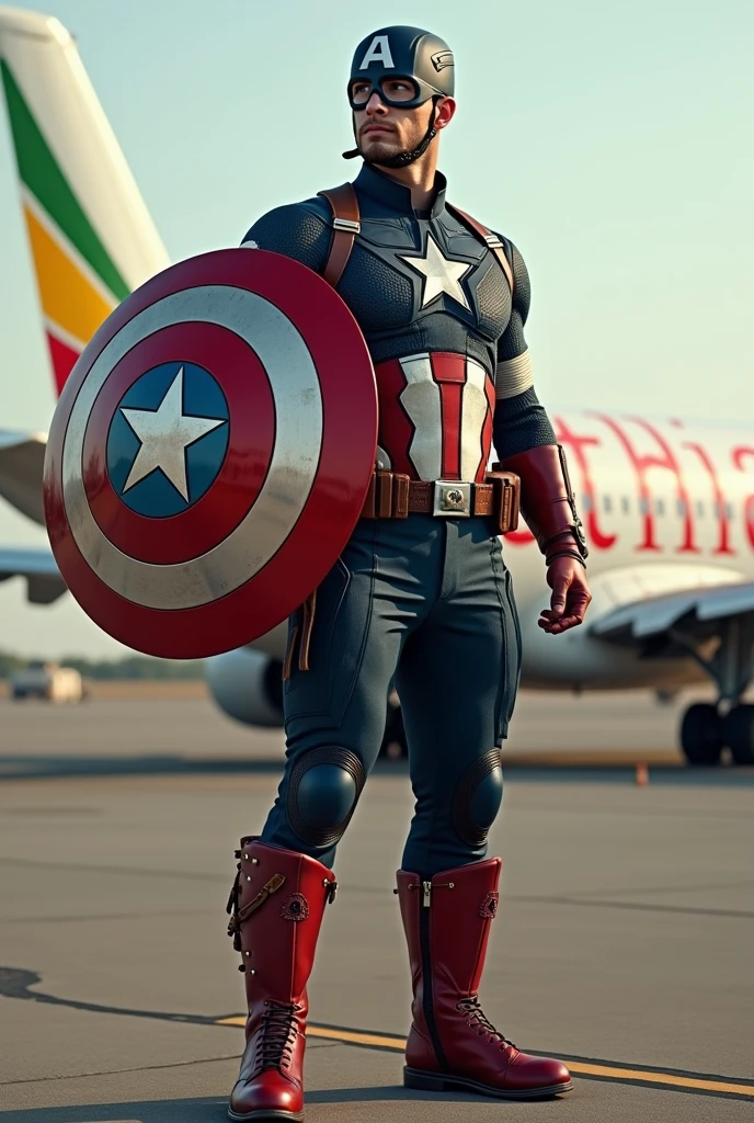 Capitan America with his shield and the shield is with Ethiopian flag and his sut also ethiopian and at the back ethiopian airlines plane on the ground