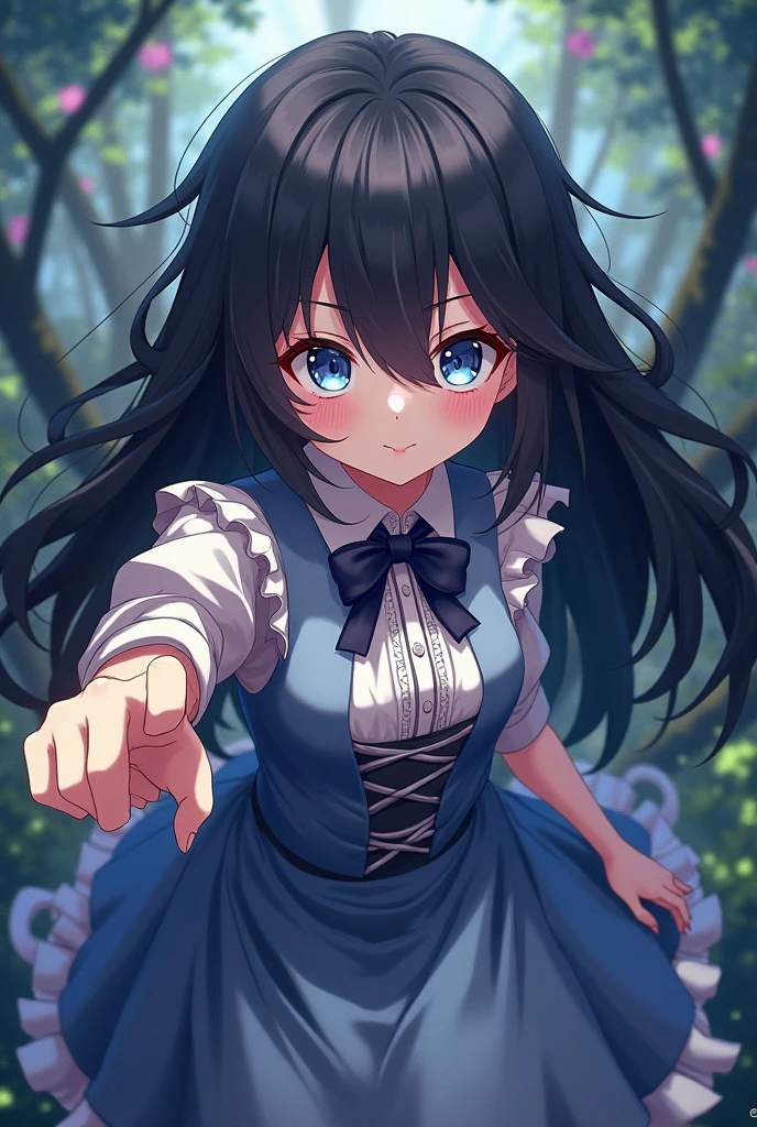 ((masterpiece)), aerial view, Anime girl with long black hair and blue eyes pointing at something, inspired by Alice Prin, Moe anime art style, picture of ((mischievous)),, Alicia from Alicia in wonder land, mischievous!!, Alicia's sister, evil smile, Alicia