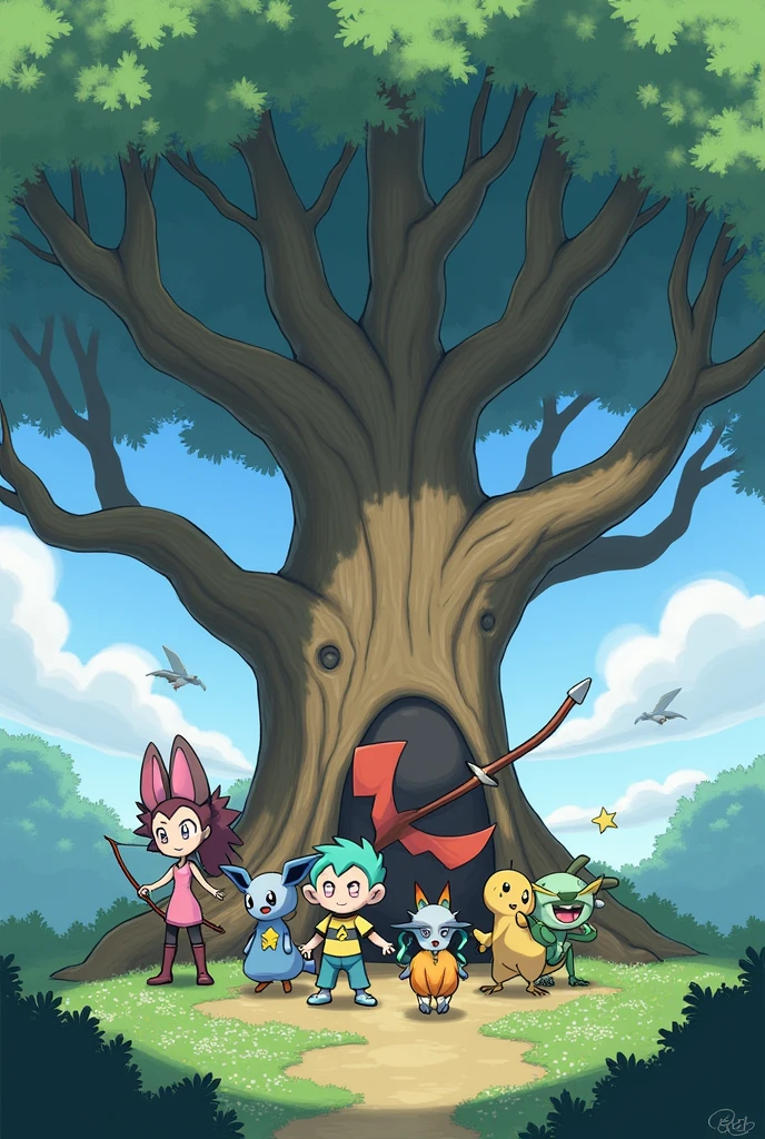 An image of a tree with pokemon around it and the pokemon are decidueye, clefable, Raichu, Lucario, zoroark and speon