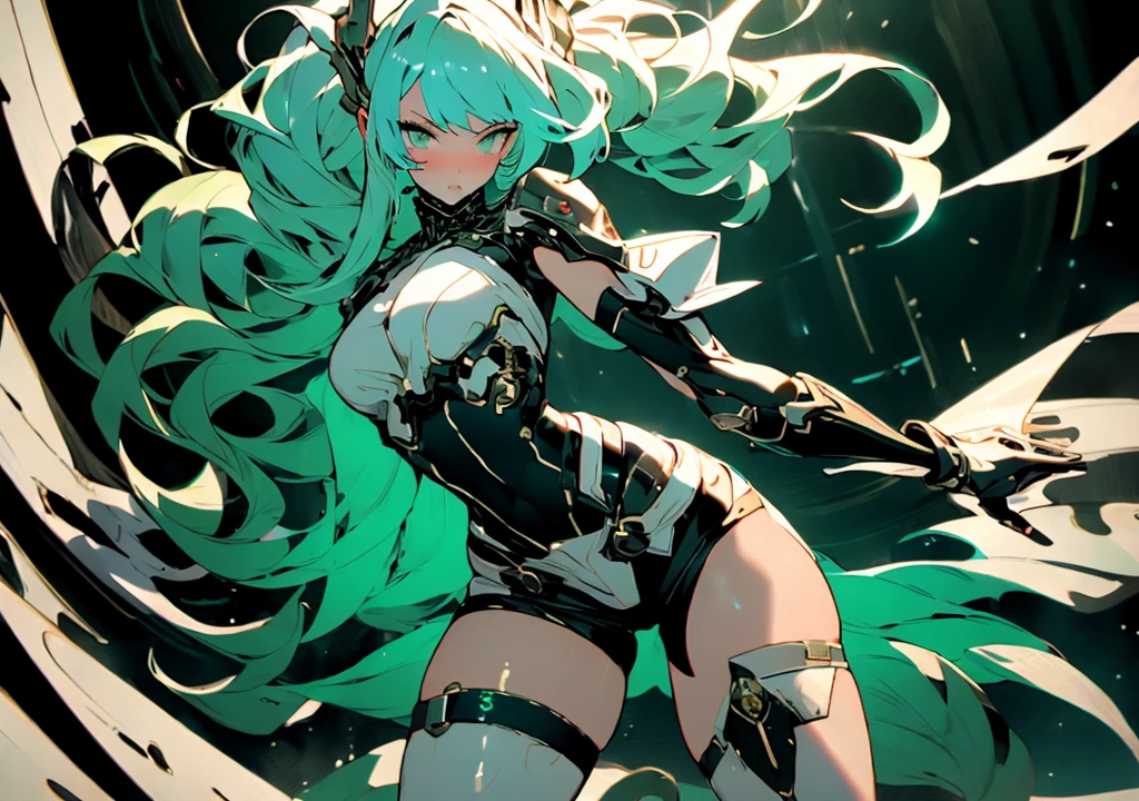 (masterpiece, top quality, best quality, official art, beautiful and aesthetic:1.2), full body view, looking at viewer, ((fisheye photo)), detailed background, vibrant background, cyberpunk blurry background, depth of field, chaotic, wide angle view, gun in hand, armed, shooting, 

Beautiful young girl, pretty, pale, white hair, seaweed green inner, dense hair, two long flowing ponytails, bangs, detailed hair, detailed eyes, perfect eyes, sea green eyes, glowing eyes, sweaty, shiny skin, detailed skin, slightly flushed cheeks, full lips, slightly parted lips, sexy lips, kind,
Tall, lean, fit, curvy, athletic, cyborg, mechanical parts, thick thighs, big breasts, hardnipples outline, nipple protrusion through clothes, cold nipple, Ecchi, young sexy cyborg ****ta girl, detailed legs, perfect legs, detailed arms, perfect arms, detailed hands, 

Cyberpunk outfit, (color:(white, black, blue, green, bronze)), tight fitting outfit, tight fitting bodysuit, light armour, skin indentation, covered breast, bare midriff, bare waist, navel, tiny healed scars, toned, translucent parts, dark thigh high, high heels, boots, transparent veiled mouth, transparent pelvic curtain, wisp,