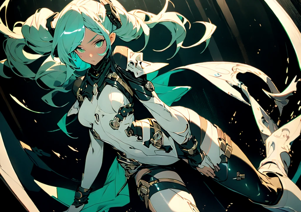 (masterpiece, top quality, best quality, official art, beautiful and aesthetic:1.2), full body view, looking at viewer, ((fisheye photo)), detailed background, vibrant background, cyberpunk blurry background, depth of field, chaotic, wide angle view, gun in hand, armed, shooting, 

Beautiful young girl, pretty, pale, white hair, seaweed green inner, dense hair, two long flowing ponytails, bangs, detailed hair, detailed eyes, perfect eyes, sea green eyes, glowing eyes, sweaty, shiny skin, detailed skin, slightly flushed cheeks, full lips, slightly parted lips, sexy lips, kind,
Tall, lean, fit, curvy, athletic, cyborg, mechanical parts, thick thighs, big breasts, hardnipples outline, nipple protrusion through clothes, cold nipple, Ecchi, young sexy cyborg ta girl, detailed legs, perfect legs, detailed arms, perfect arms, detailed hands, 

Cyberpunk outfit, (color:(white, black, blue, green, bronze)), tight fitting outfit, tight fitting bodysuit, light armour, skin indentation, covered breast, bare midriff, bare waist, navel, tiny healed scars, toned, translucent parts, dark thigh high, high heels, boots, transparent veiled mouth, transparent pelvic curtain, wisp,