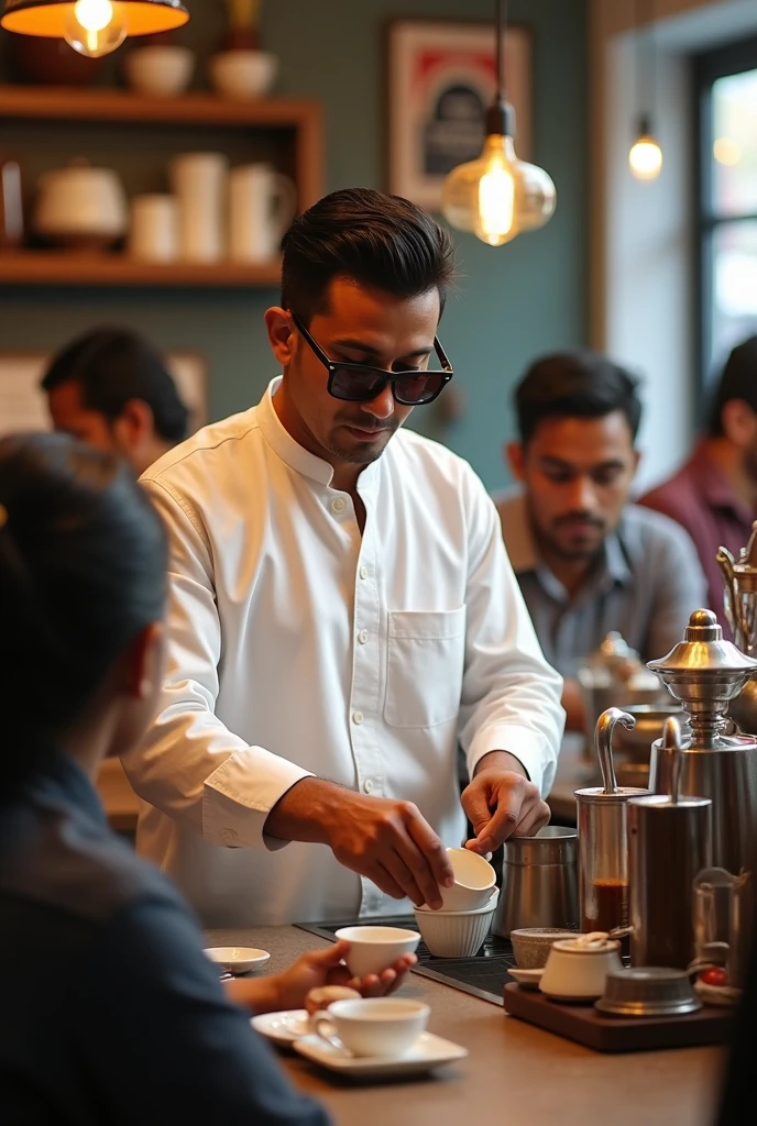 Bangali tea shop where the shop owner is making tea he is wearing a white kurta panjabi and  The man has closely cropped, slicked-back dark hair, a thin mustache, small sharp features, and is wearing rectangular, dark-tinted sunglasses. He has a confident expression with a slight smirk and the customers are gen z 