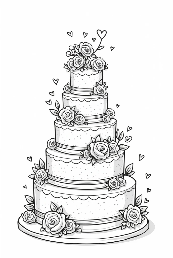 A line art for a coloring book for children of a wedding cake