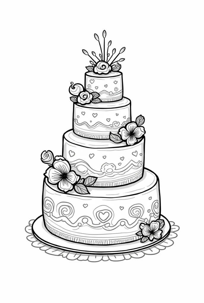 A line art for a coloring book for children of a wedding cake