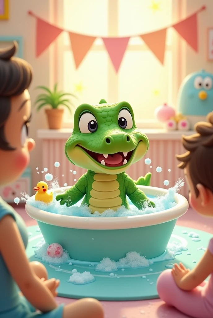 Animated babay crocodile in bath, baby shower