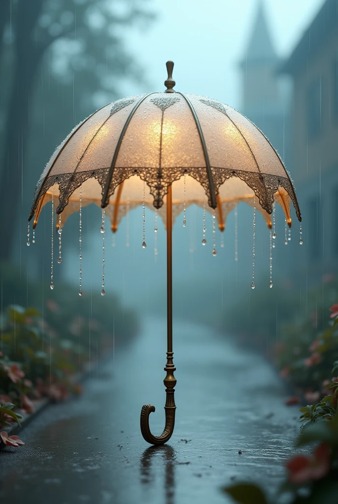 create an image of a parasol-like umbrella on a rainy day