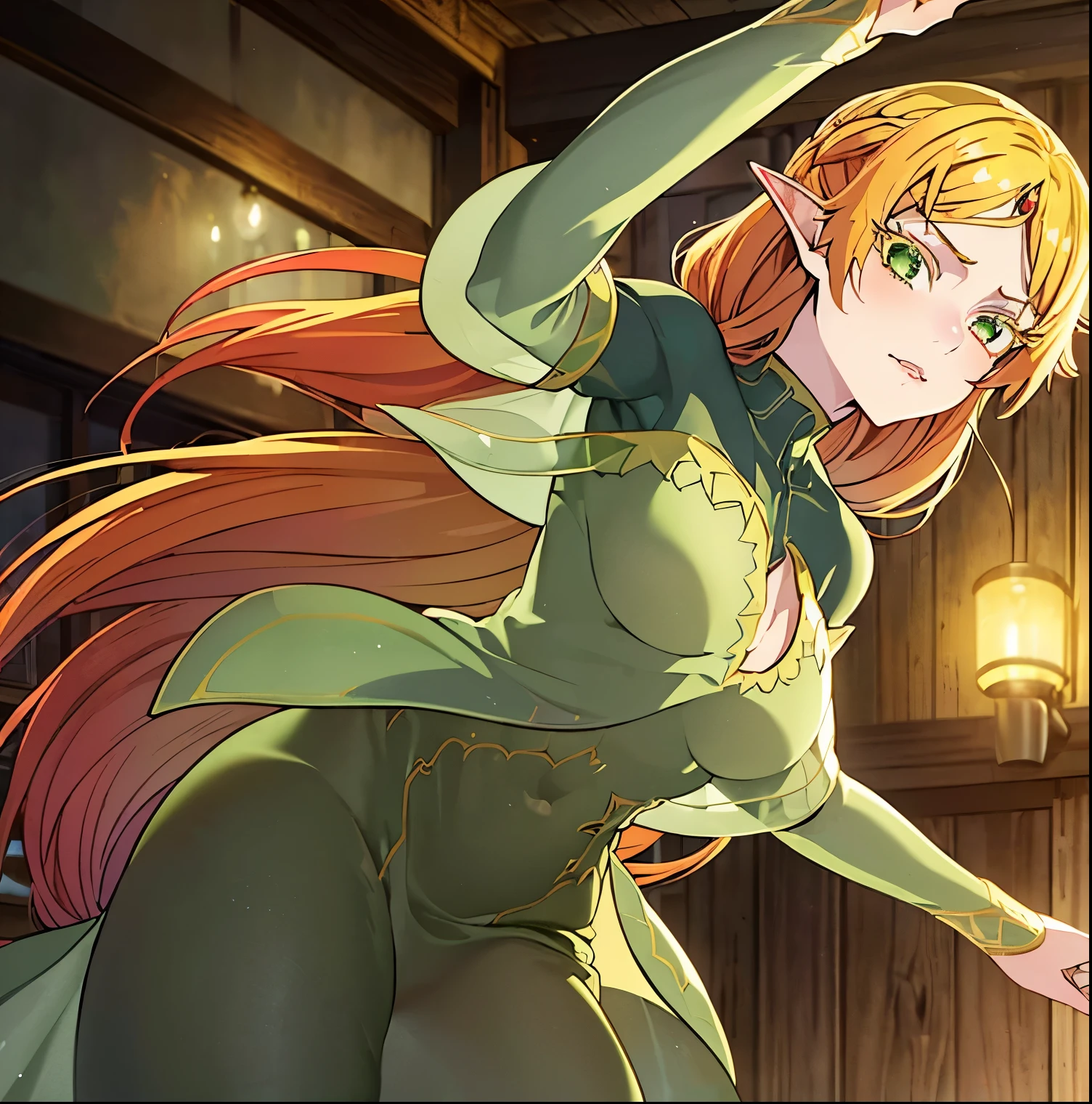 ((1girl)),((alone)),Sui tsundere elf,\(isekai ojisan\),(masterpiece), (best quality), (ultra detailed), (best illustration), (best shadow), (absurdities ), sharp focus, cowboy shot, atmospheric perspective, depth of field, dynamic posture, ((looking at viewer)), medium breasts, narrow waist, wide hips, wide thighs, round butt, erotic, romantic, (highly detailed eyes , lips 1.1), highly detailed eyes, eyes, Highly detailed face, Very pretty face, Symmetrical face, Aesthetic face, perfect face, perfect eyes, detailed eyelashes: 1.5), full height, beautiful slim figure, femininity, expressive appearance, breasts medium elastics, sexuality, parted lips, long hair, blonde hair, (green eyes: 1.5), pointed ears, elf, multicolored hair, jewel on the forehead, ((green dress: 1.4)), (transparent dress: 1.2), long sleeve (neckline: 1.4), bare legs: 1.3, green heels, curves, defined body, perfect and beautiful body, perfect and beautiful, closed mouth, mocking smile, embarrassed expression, (sexy pose: 1.2), ( (solo)), standing: 1.3,((interior, medieval landscape, inn, bed room, night, medieval village lights, town, moon)), Looking forward,((focus on hips: 1.4)) , point of view: (from below), perfect anatomy, perfect hands