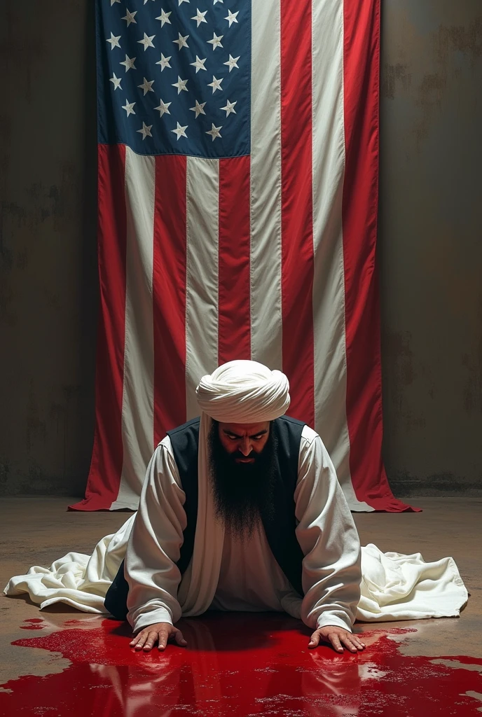 Taliban leader, big bearded, white Afghan dress, black waistcoat, big white afghan turban; prostrating and worshiping to USA flag, a lot of blood on floor