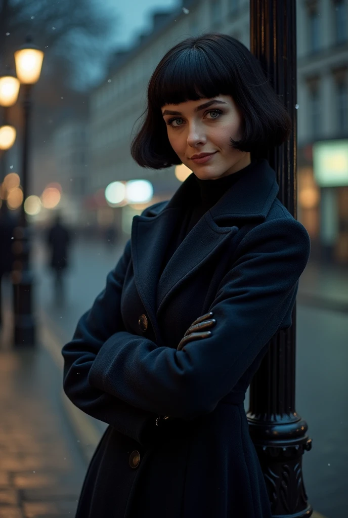 full body modern photo. 2 French woman with round face in short black bob cut wig. light blue almond shaped eyes. thin eyebrows. dark eyeshadow. mascara. eyeliner. full lips. standing by a dark street in 1890s London. night. street lamp. snowing. Wearing navy sweater. black riding britches. black leather riding jacket with long sleeves. chunky high heel boots. black leather gloves. leaning against lamp post. arms folded. holding up car keys. impatient smile.