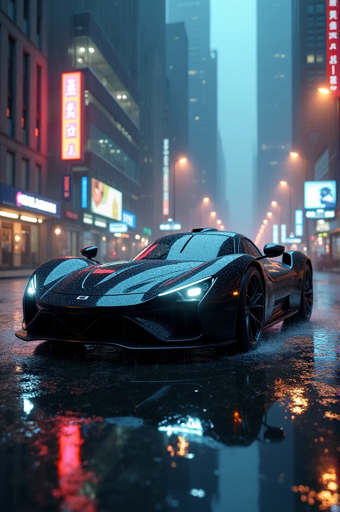 A sports car in the rain
