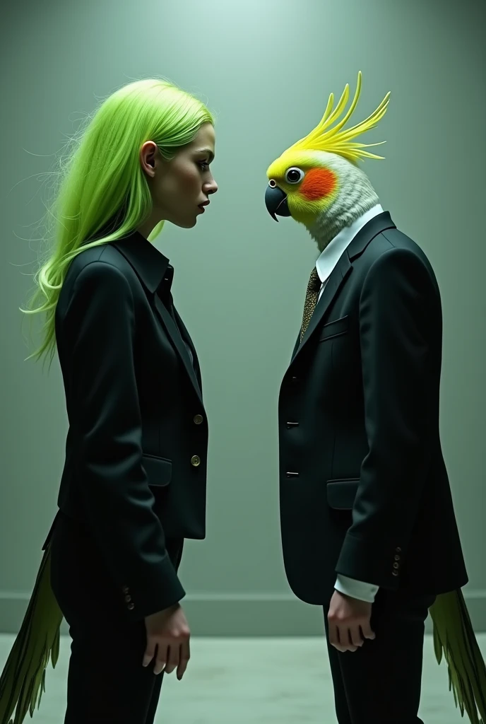 Billie Eilish next to a humanoid cockatiel in a suit in the middle of a fight
