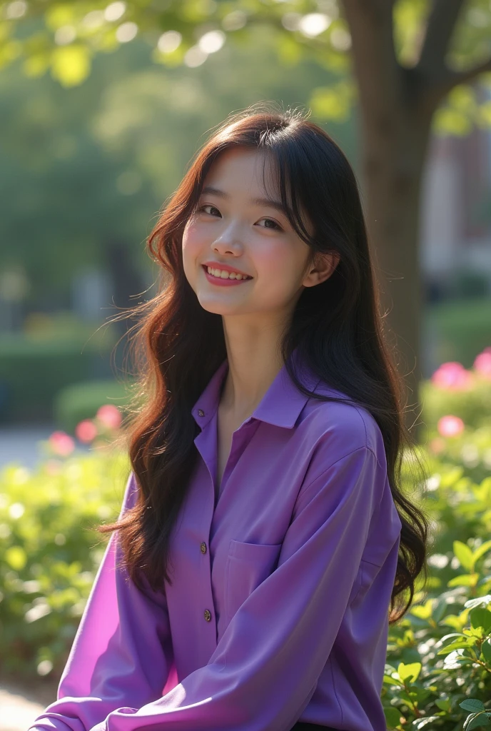 A college girl in all her elegance sitting in the university garden wearing a purple shirt and her hair falling on her shoulders in a perfect hairstyle and radiant with her white skin and rosy cheeks